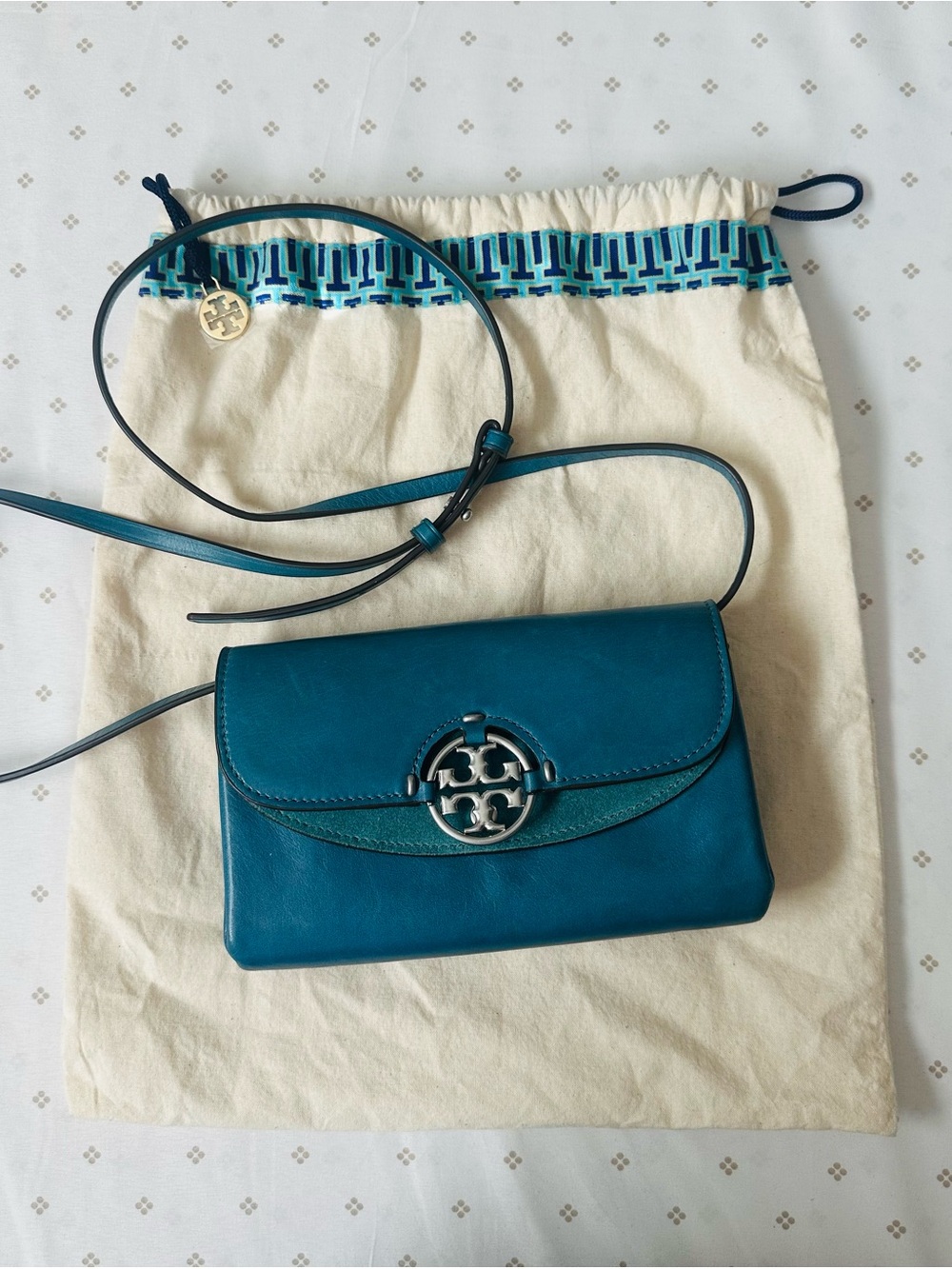Tory Burch Teal Leather Crossbody Bag with Logo Medallion